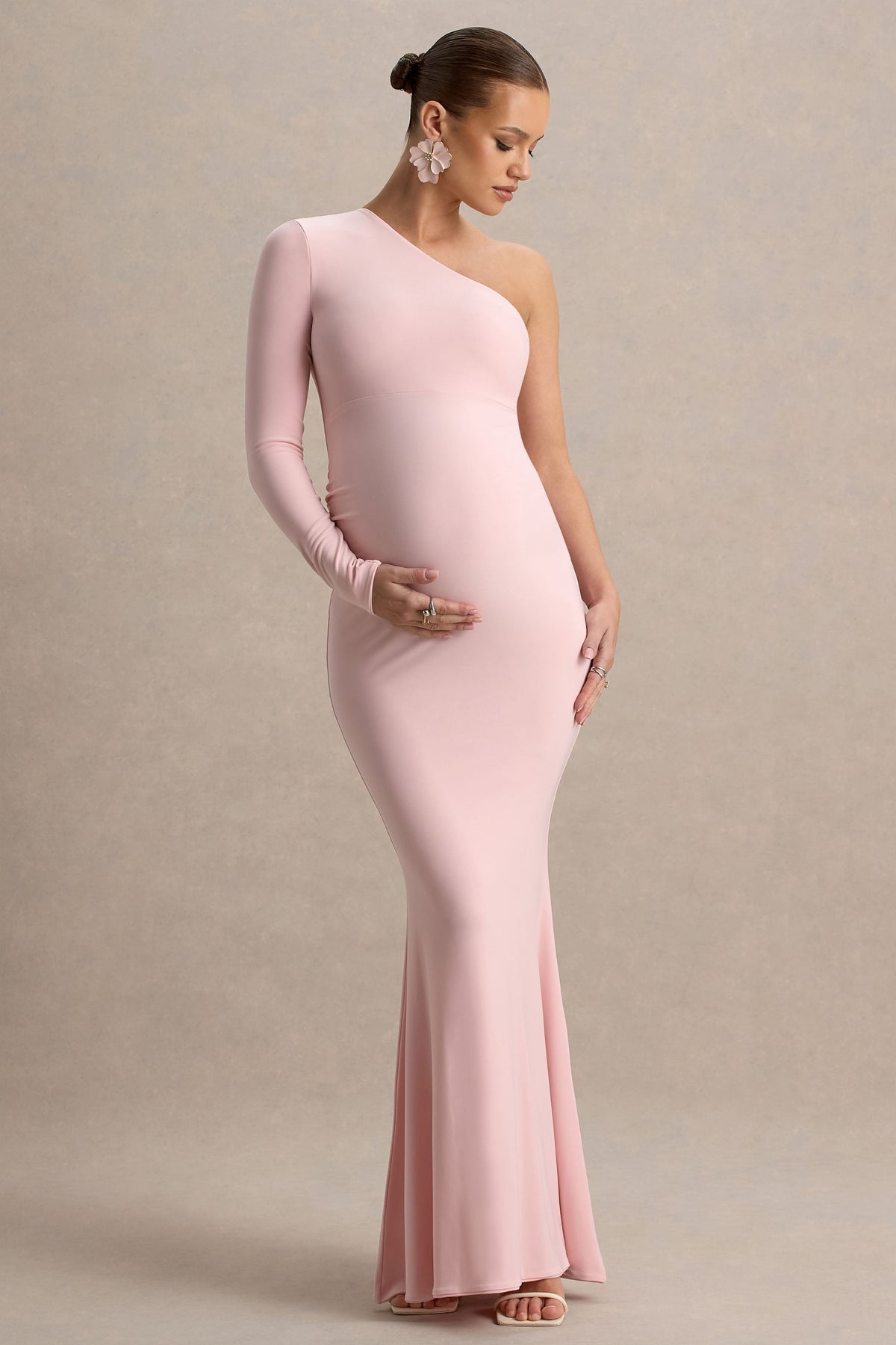 Heloise | Pink Asymmetric One-Sleeve Maternity Maxi Dress