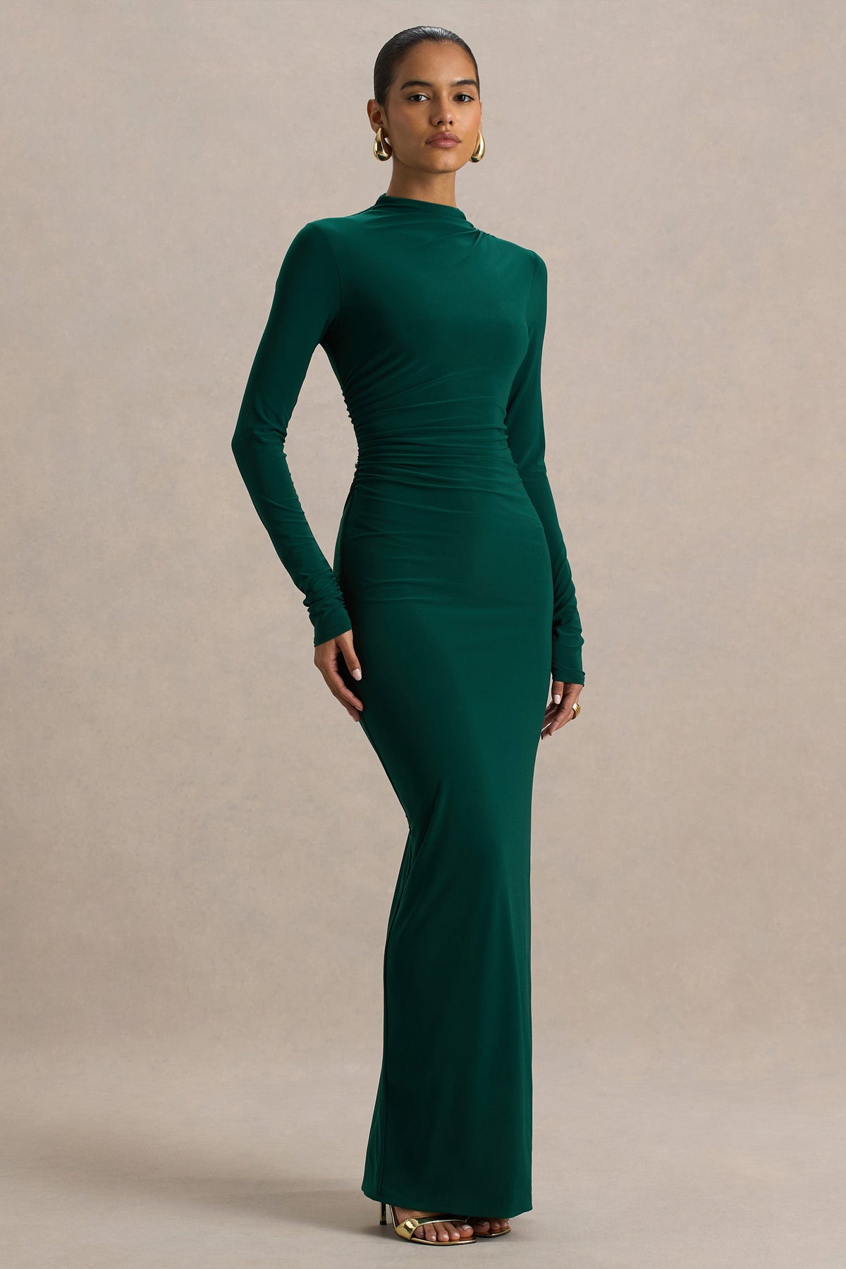 Eden |  Bottle Green High-Neck Maxi Dress With Ruched Detailing