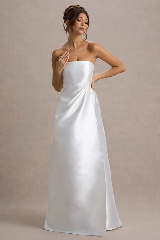 Universe | White Bandeau Split Puff-Skirt Maxi Dress