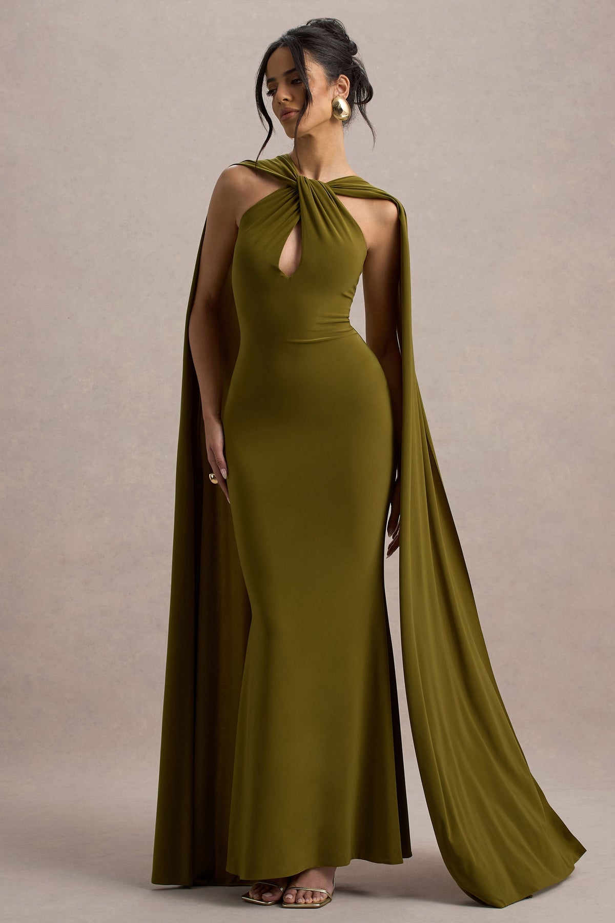 Rhoda | Green Twist Halter-Neck Cape Maxi Dress