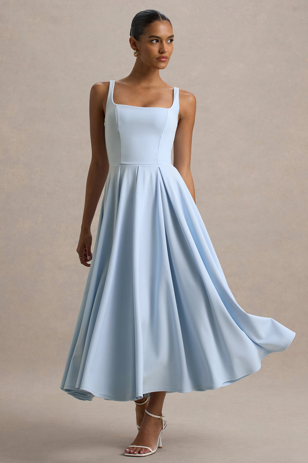Parina | Powder Blue Scuba Square Neck A-Line Midi Dress