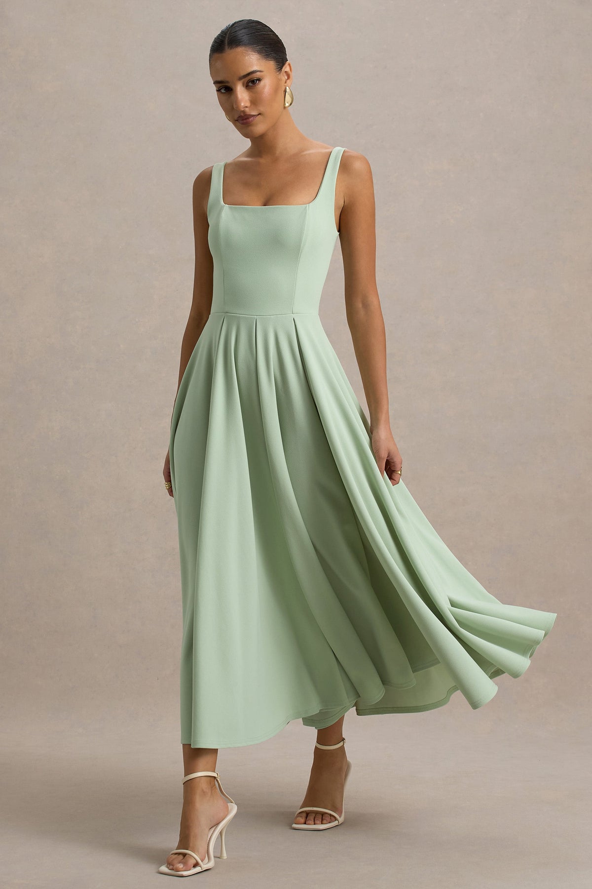 Parina | Light Green Scuba Square Neck A-Line Midi Dress