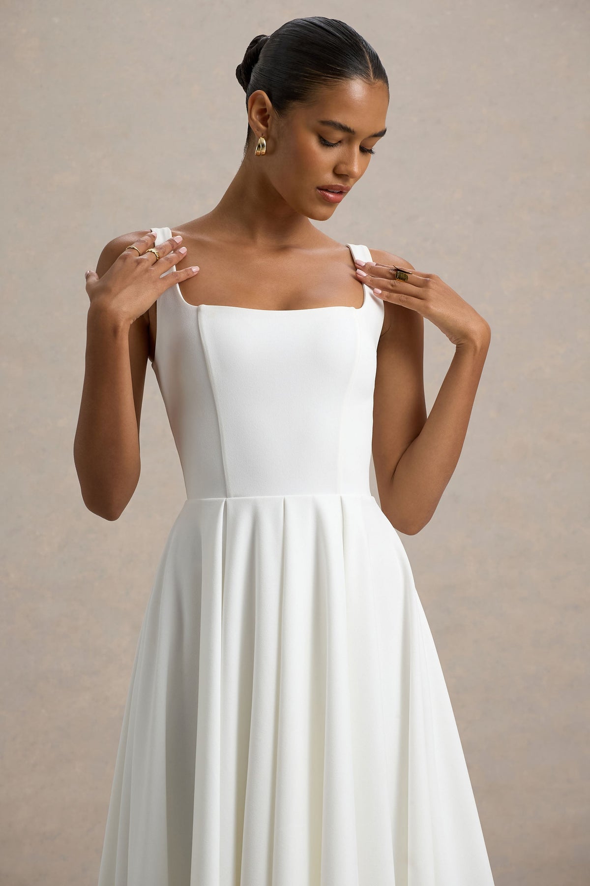 Parina | White Scuba Square Neck A-Line Midi Dress