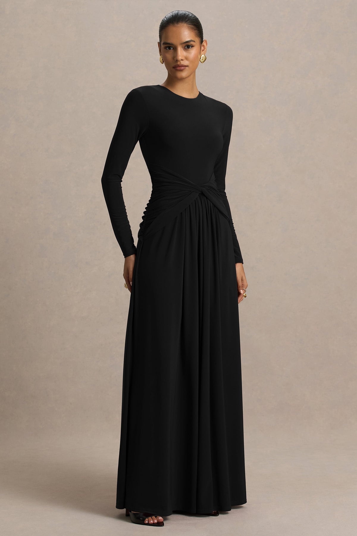 Estrella | Black High-Neck Maxi Dress With Ruched Detailing