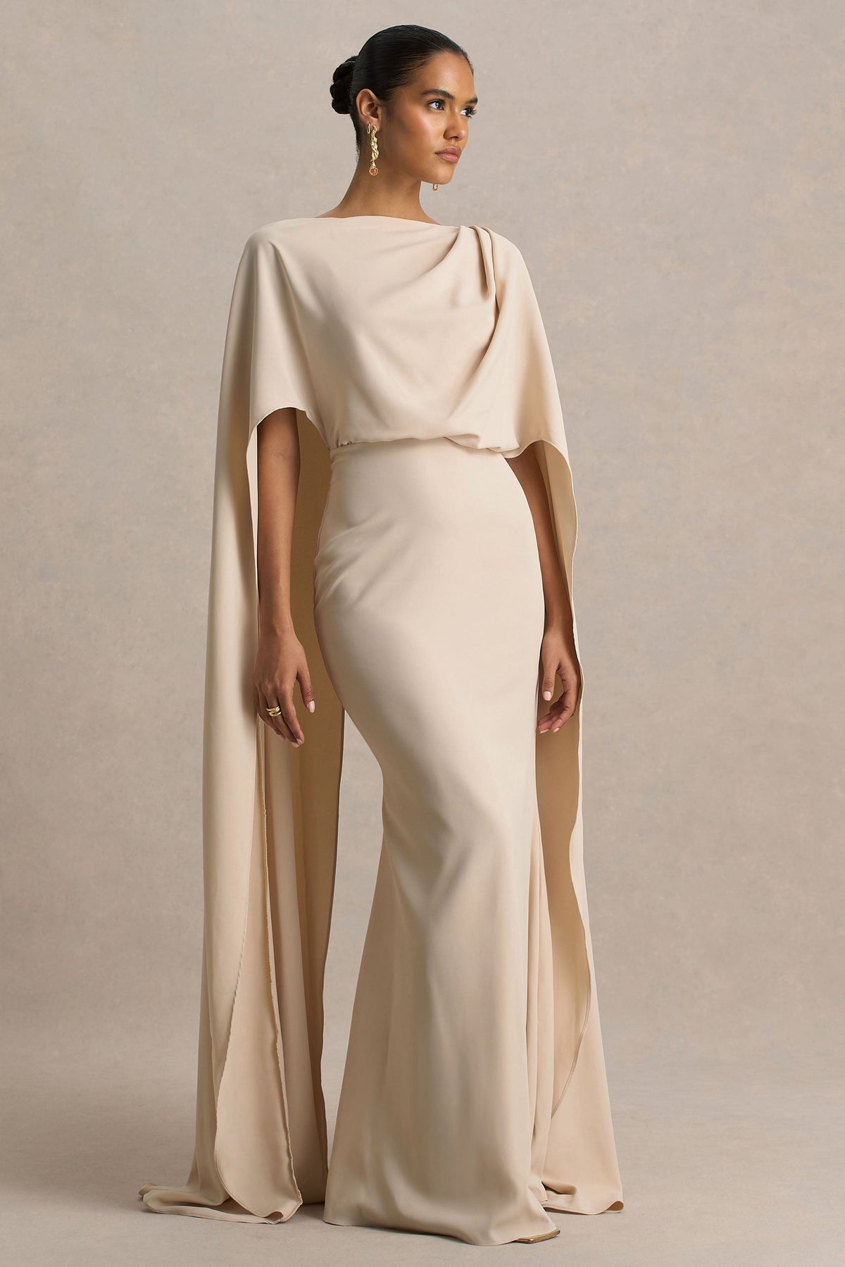 Pristina | Sand Boat-Neck Woven Maxi Dress With Cape Detail