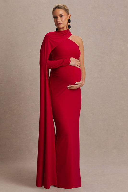 Tessy | Red Asymmetric-Neck Maternity Maxi Dress With Cape-Sleeve