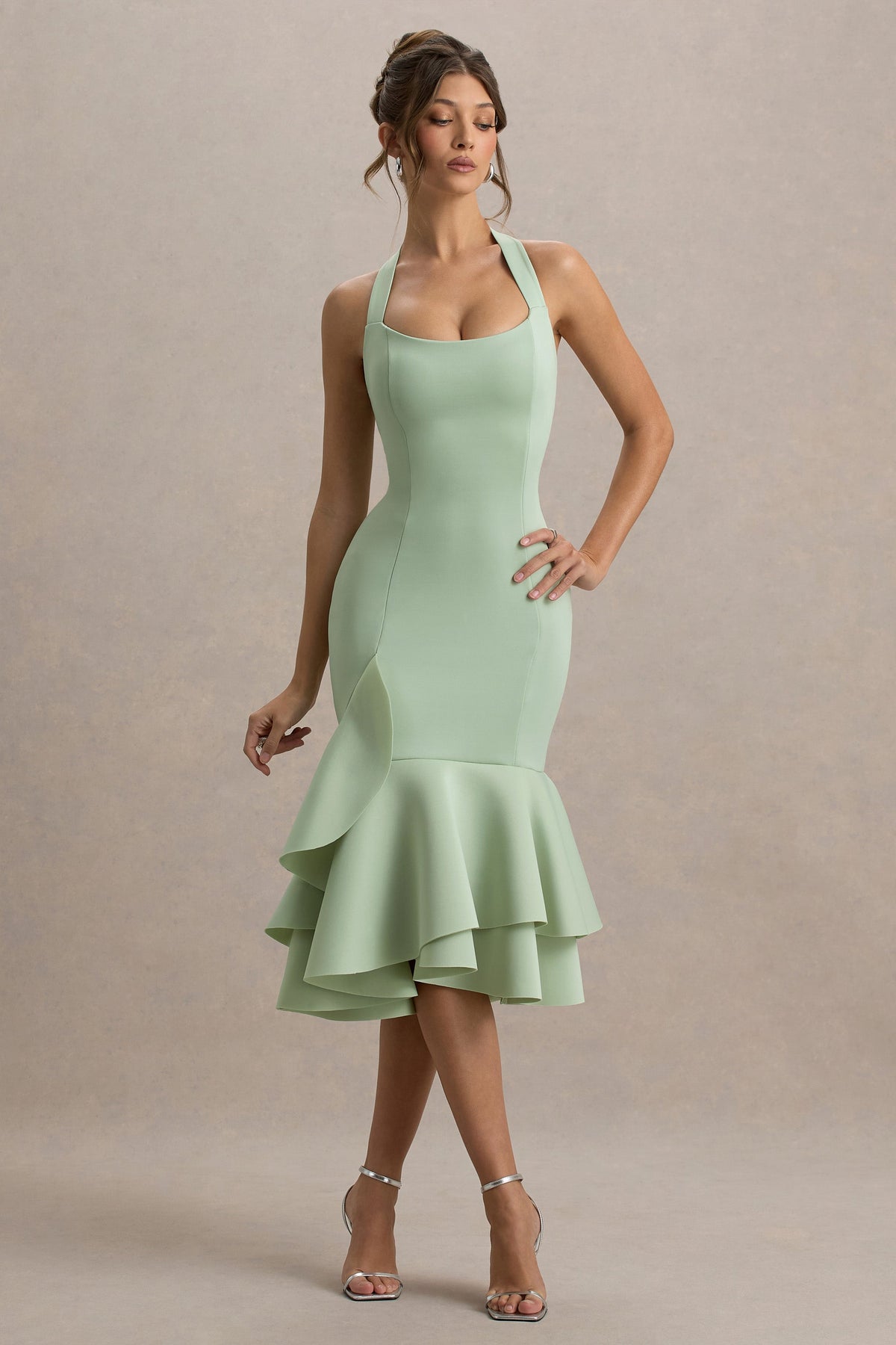 Arla | Light Green Halter Neck Ruffle Trim Midi Dress