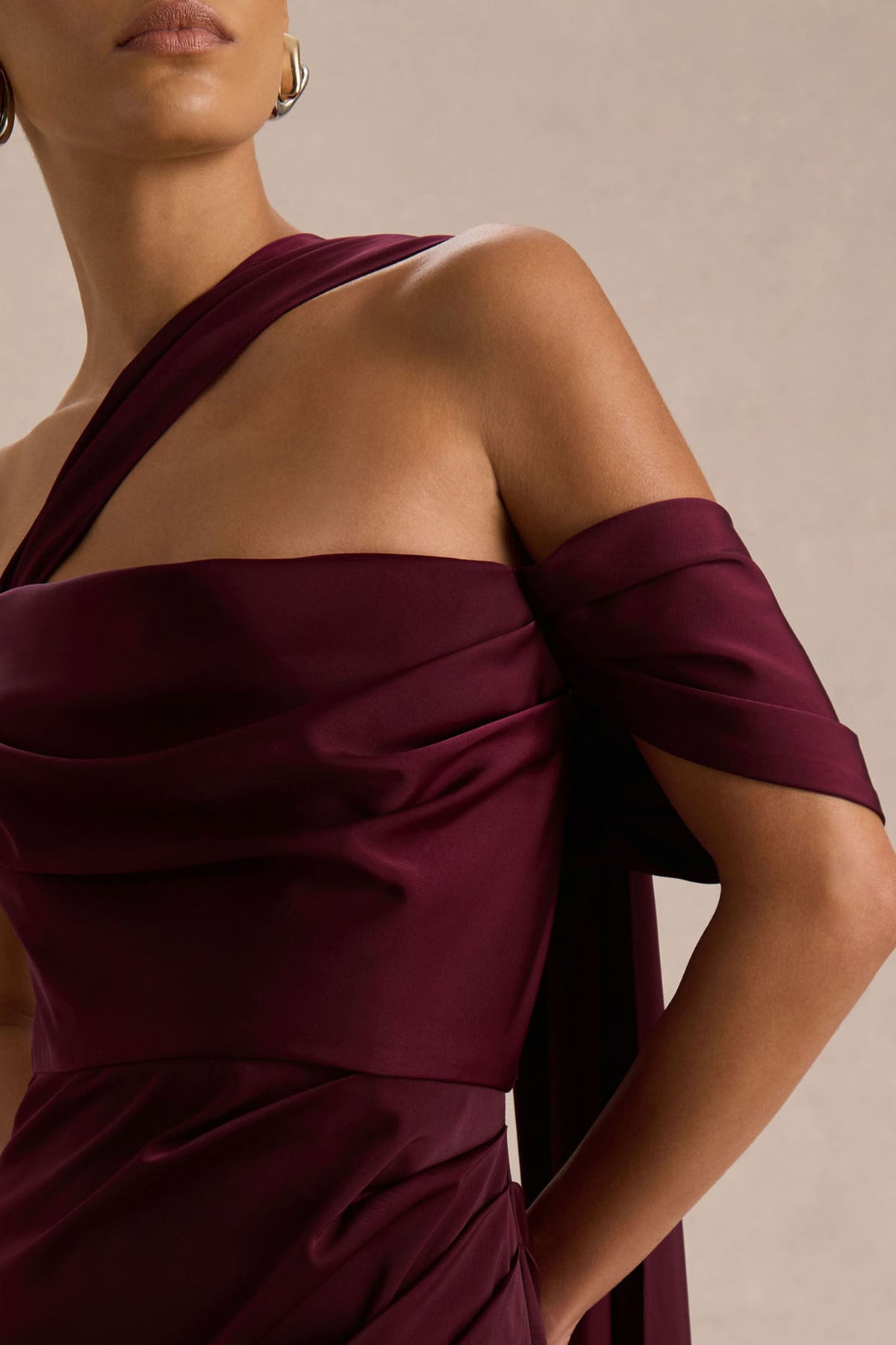 Yazmin | Burgundy Satin Asymmetric Maxi Dress With One-Sleeve Cape