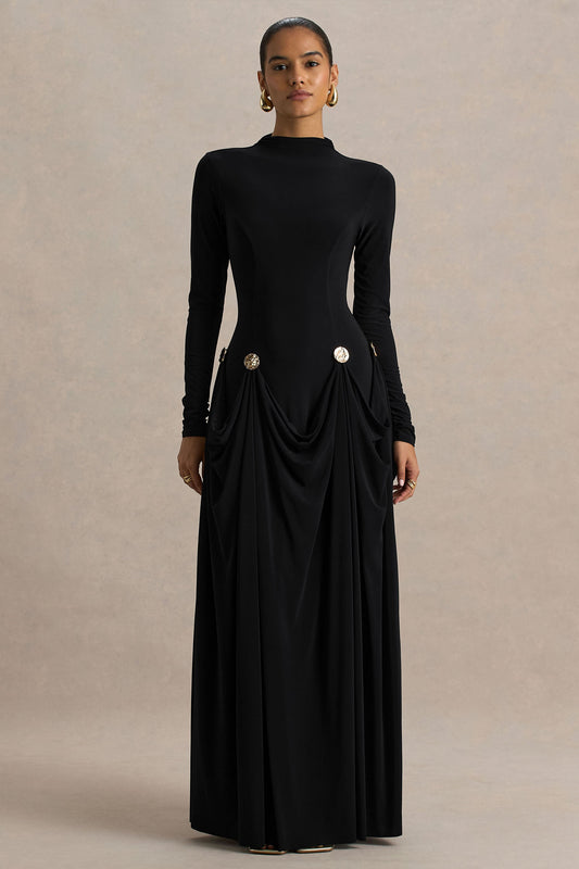 Caprice | Black High-Neck Maxi Dress With Embellished Details