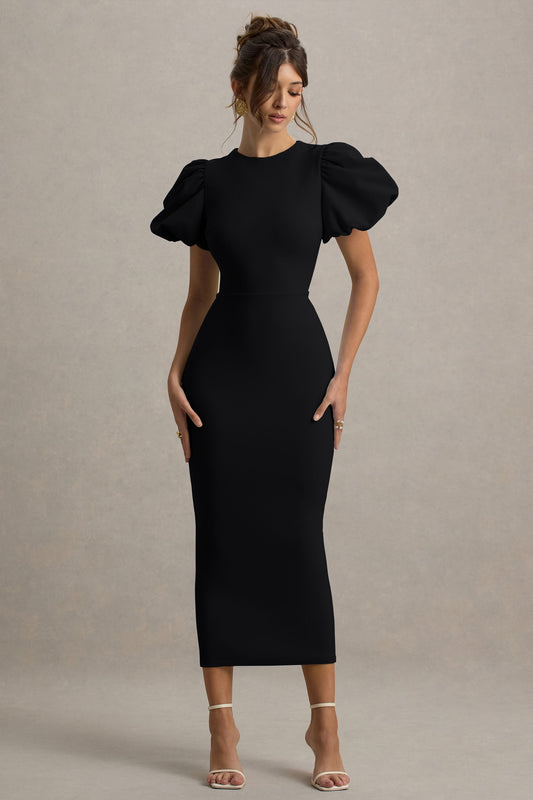 Dakota | Black Puff-Sleeve Midi Dress