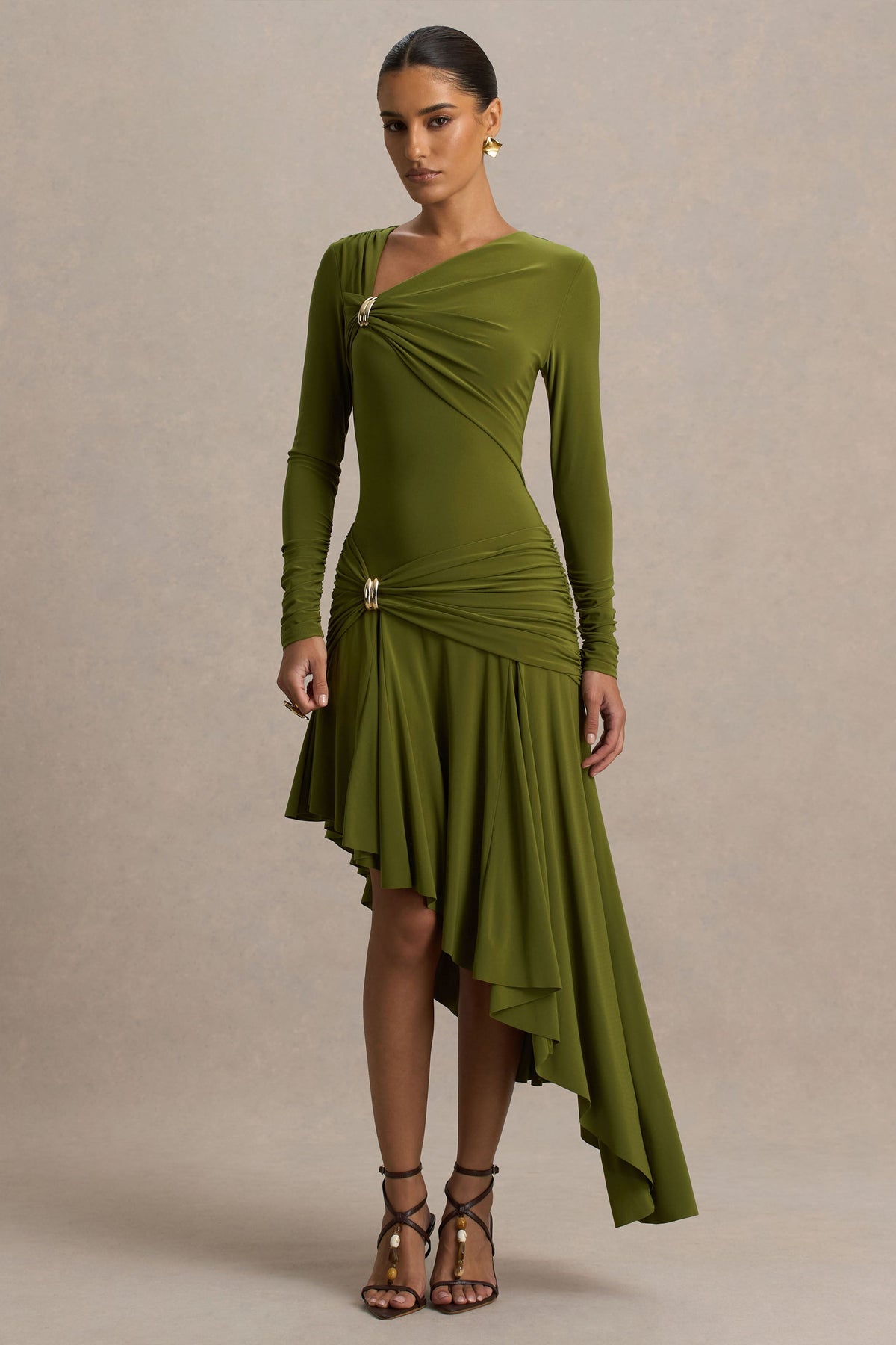 Alexia | Green Asymmetric-Neck Maxi Dress With Gold-Details
