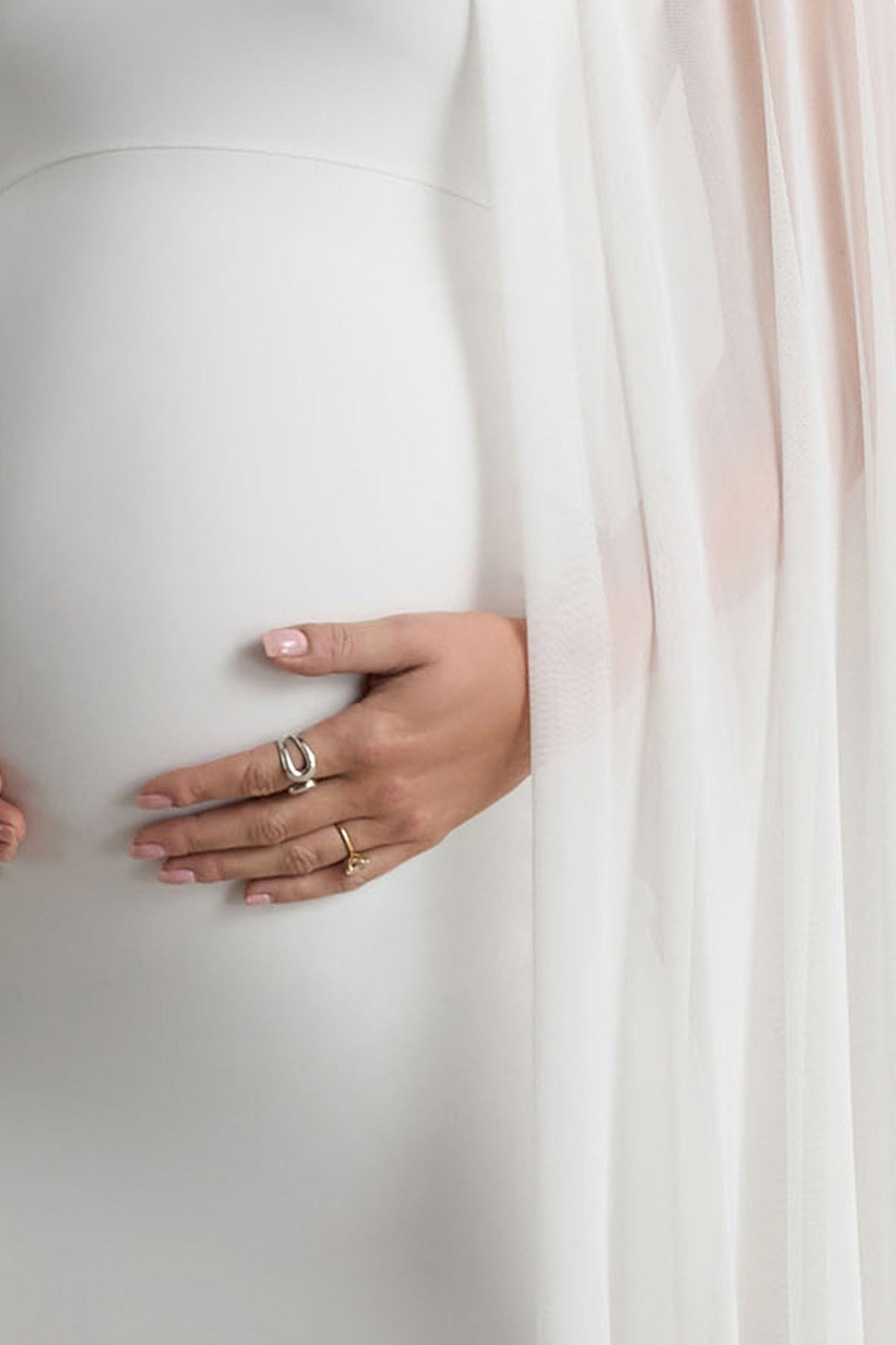 Charlene | White High-Neck Maternity Mini Dress With Mesh Cape