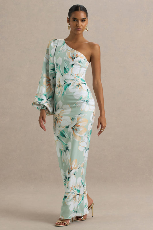 Kellis | Green Floral Print Asymmetric Maxi Dress With Balloon Sleeve