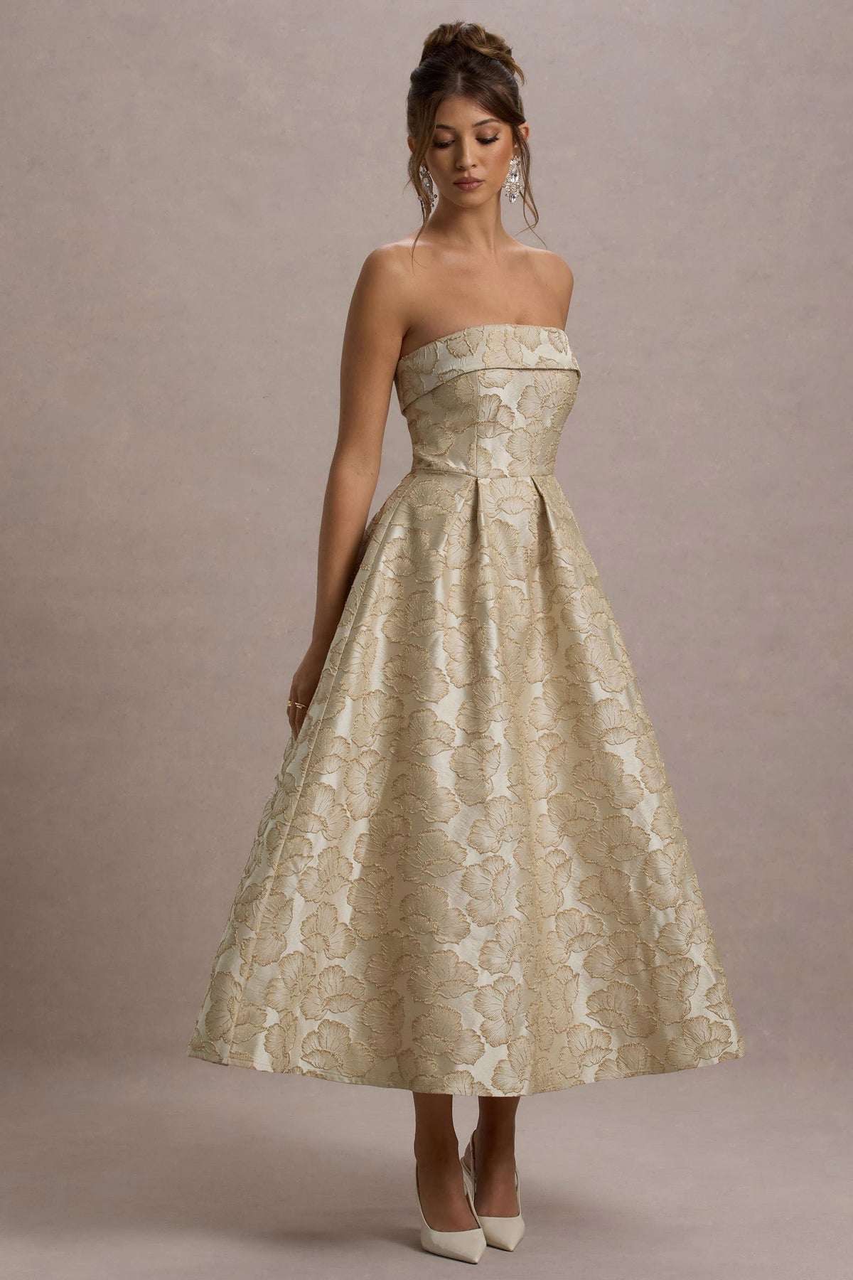 Zuma | Gold Metallic Jacquard Strapless Midi Dress