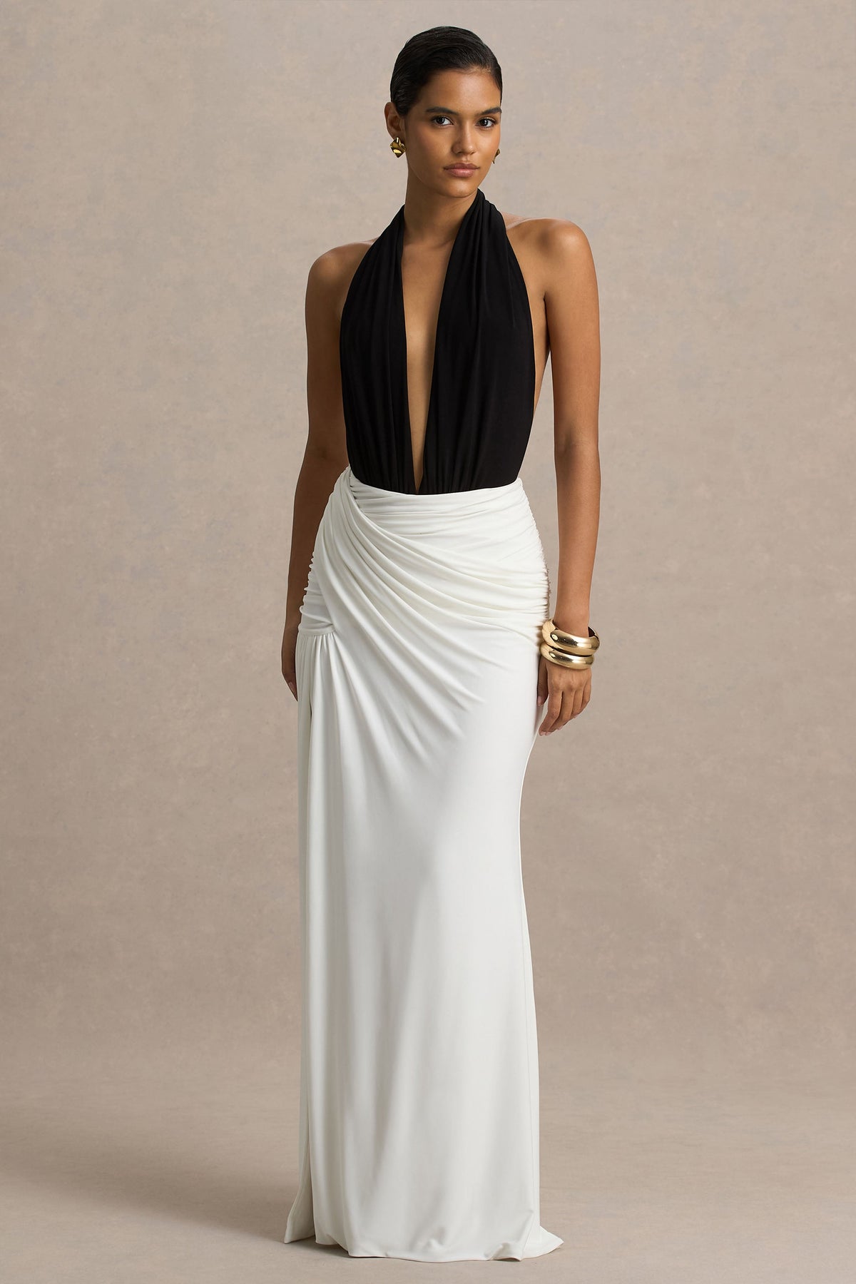 Tilly | Monochrome Jersey Ruched Plunge Wrap Maxi Dress With Open Back And Split