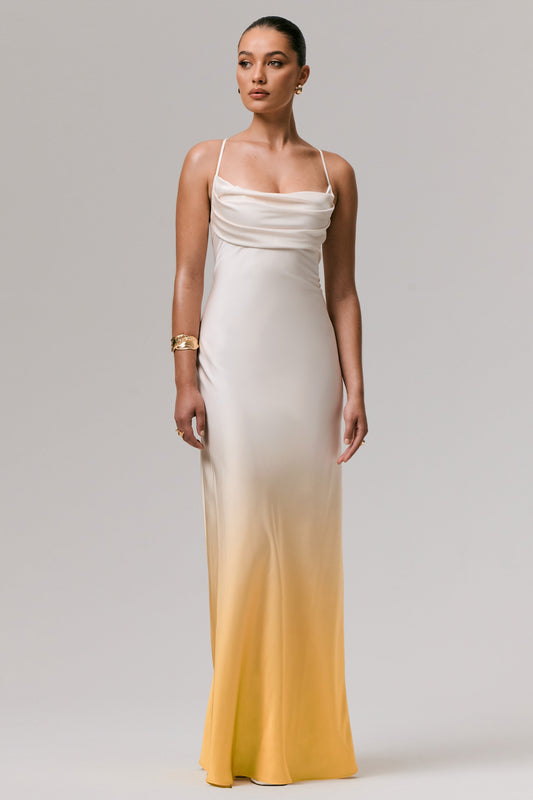 Lucie | Yellow Ombre Satin Cowl-Neck Maxi Dress