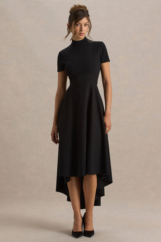 Bellona | Black High-Neck High-Low Midi Dress