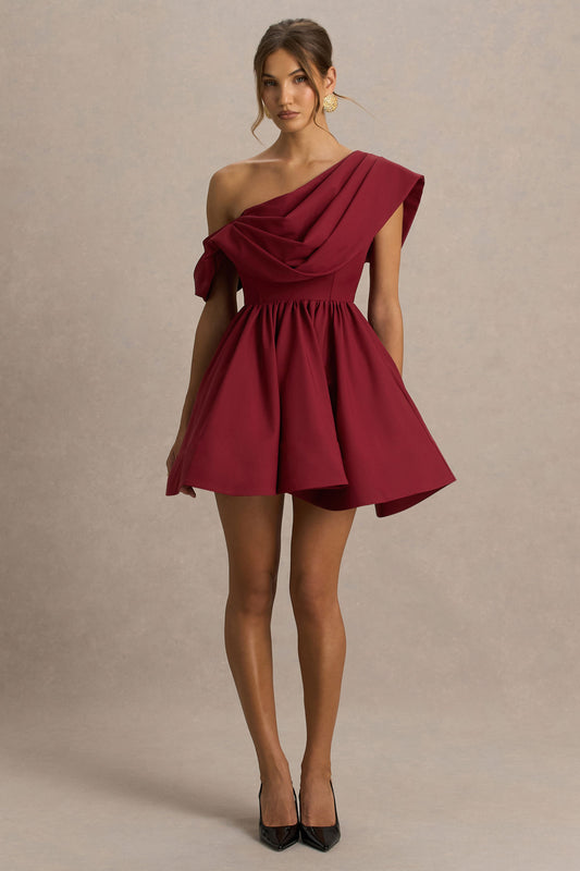 Verona | Burgundy  Draped Asymmetric-Neck Skater Mini Dress