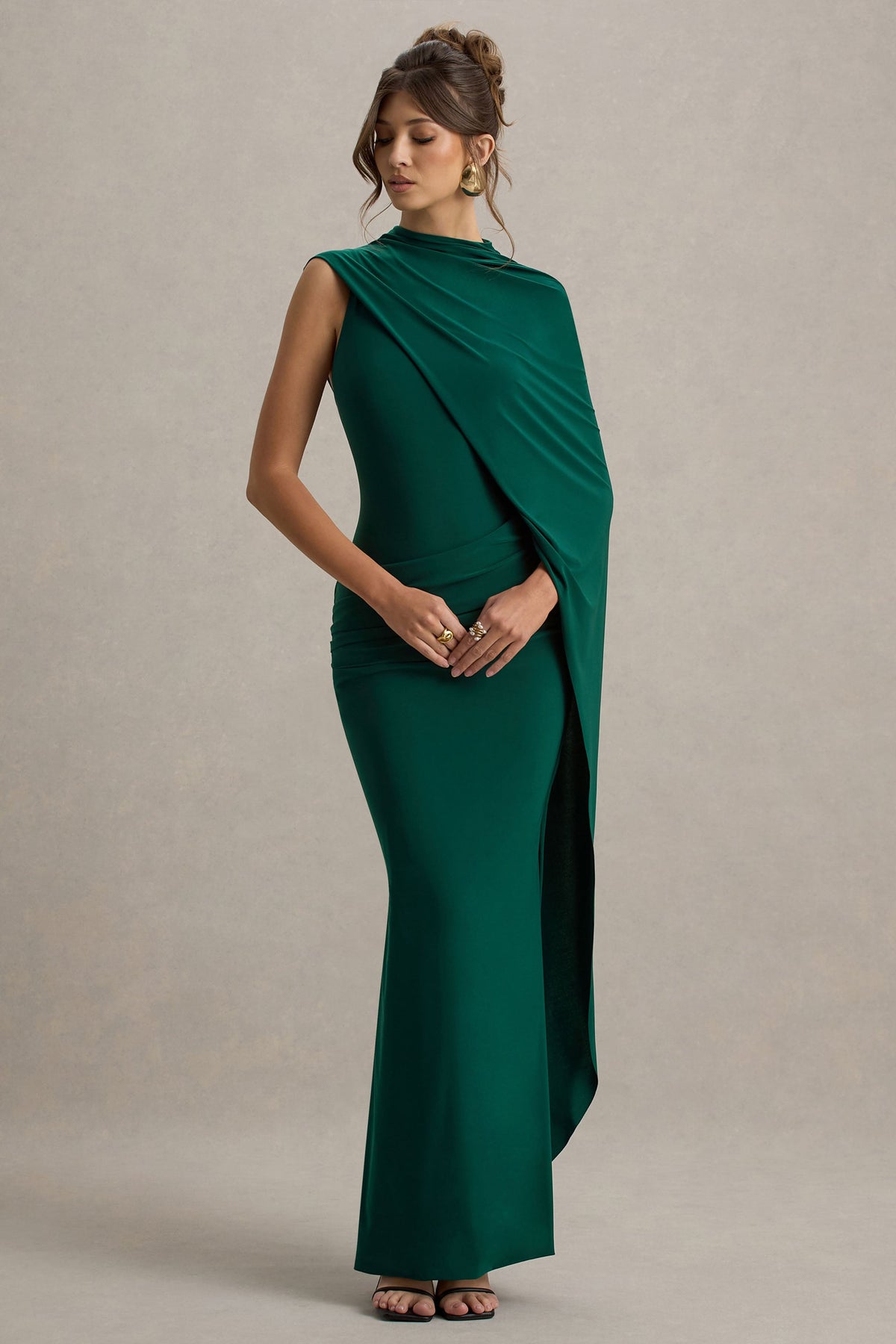 Maeve | Bottle Green Cape-Sleeve Draped Maxi Dress