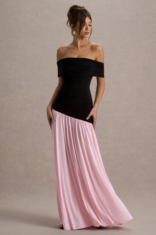 Venezia | Black & Pink Bardot Maxi Dress With Drop-Waist