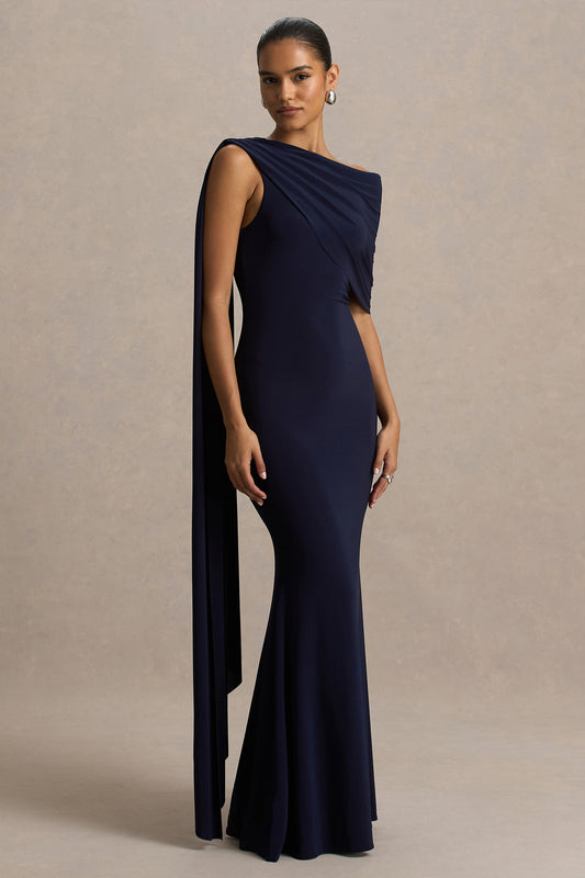 Tiana | Navy Asymmetric-Neck Maxi Dress With Drape-Detail
