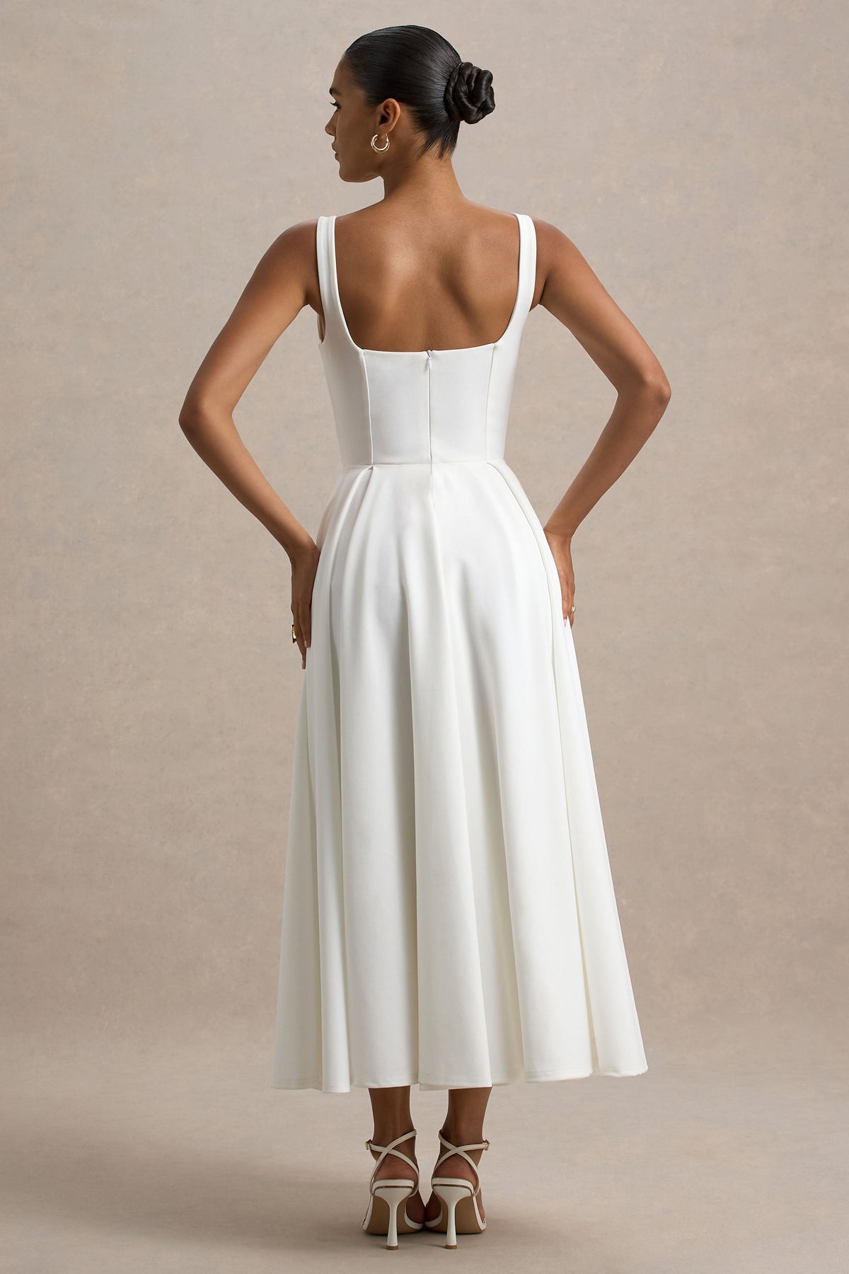 Parina | White Scuba Square Neck A-Line Midi Dress