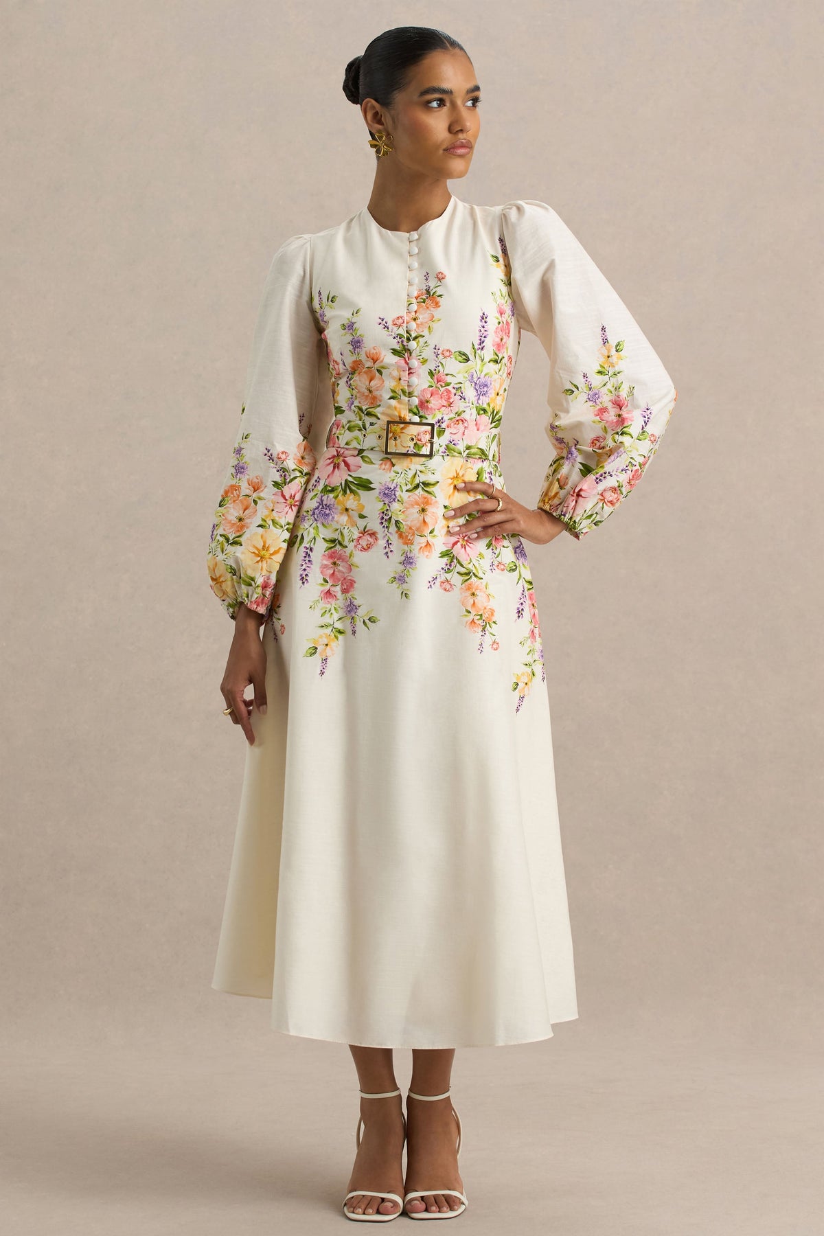 Dahlia | White Floral Border Print High-Neck Midi Dress