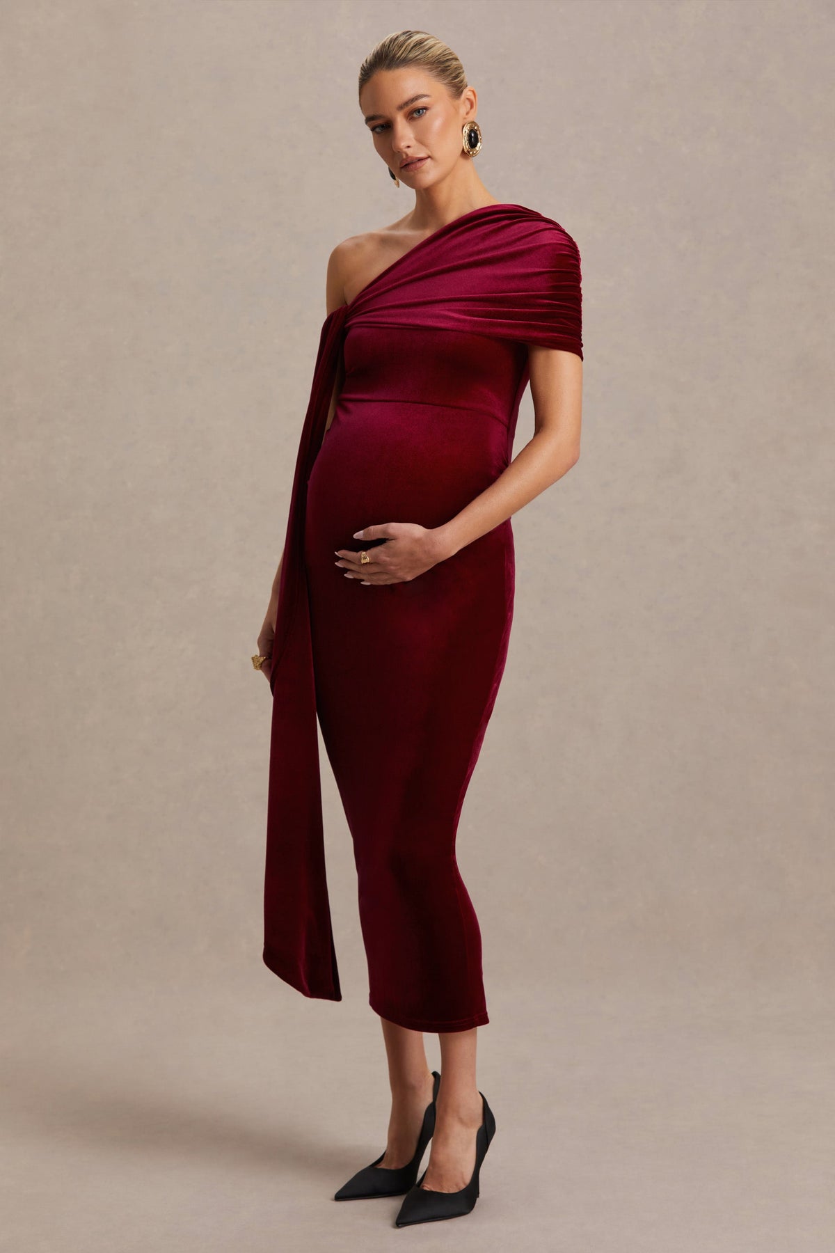 Zena | Burgundy Velvet Asymmetric-Neck Maternity Midi Dress With Knot And Sash Detail