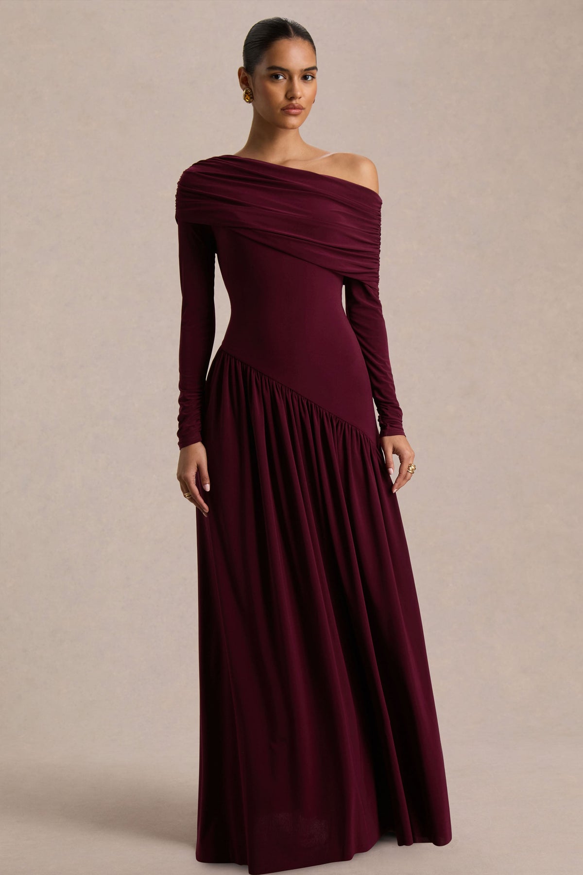 Farah | Burgundy Asymmetric-Neck Maxi Dress With Drop Waist And Ruched Detailing