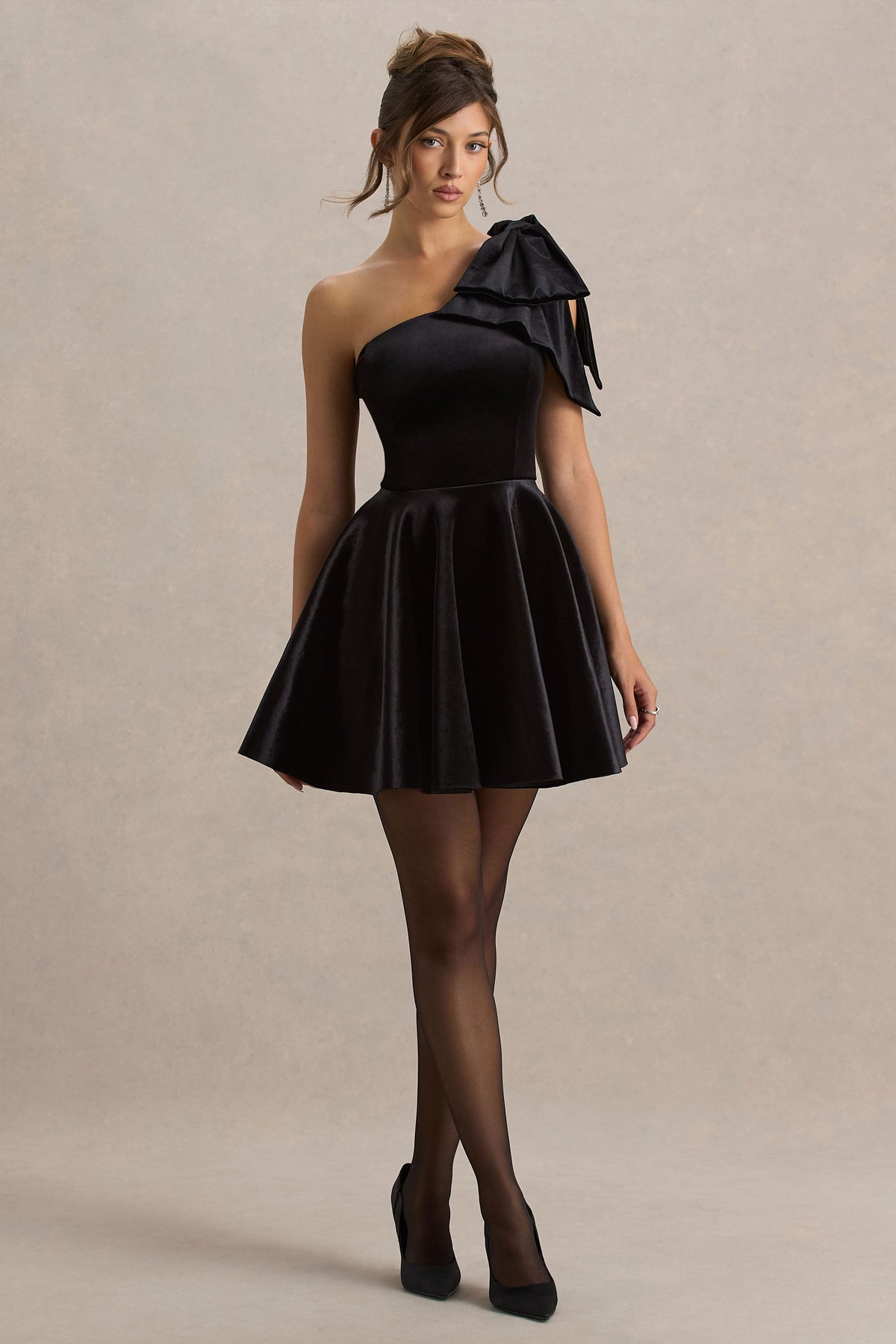 Keeley | Black Asymmetric-Neck Velvet Mini Dress With Bow Detail