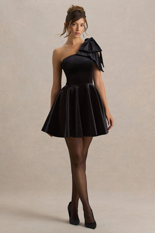 Keeley | Black Asymmetric-Neck Velvet Mini Dress With Bow Detail