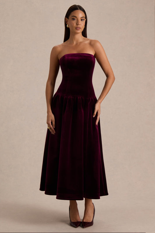 Violetta | Burgundy Velvet Bandeau Midi Dress With Drop-Waist And Gathered Skirt