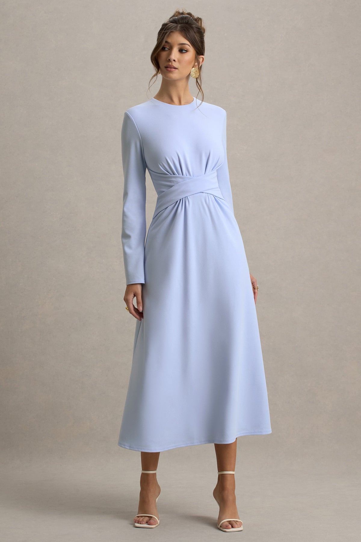 Cassiopeia | Light Blue Long-Sleeve Midi Dress With Cross Waist