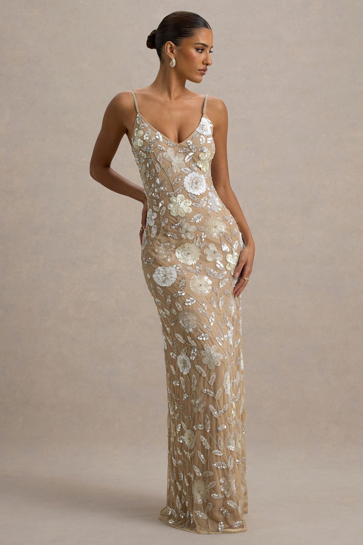 Gemini | Floral Sequin Hand-Embellished Strappy Maxi Dress