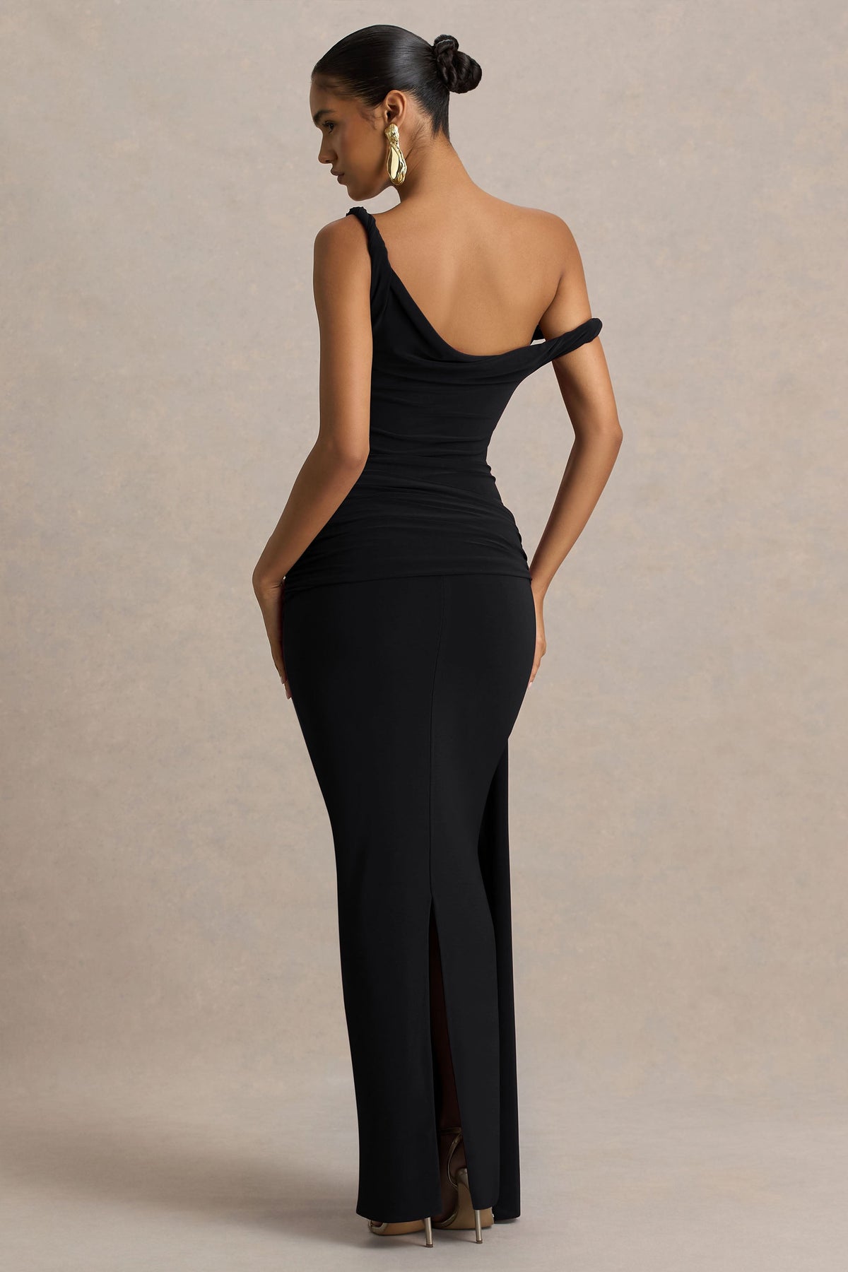 Tulisa | Black Asymmetric-Neck Maxi Dress With Twist Sleeves And Ruched Detailing