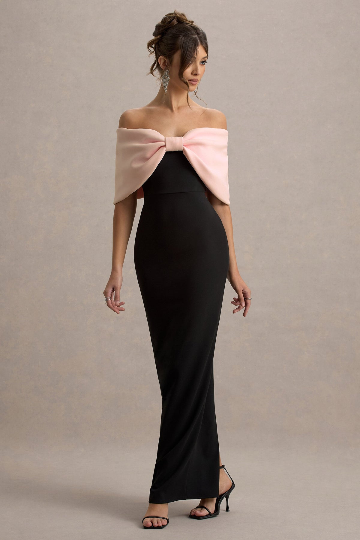 Cornelia | Pink & Black Strapless Maxi Dress With Oversized Bow