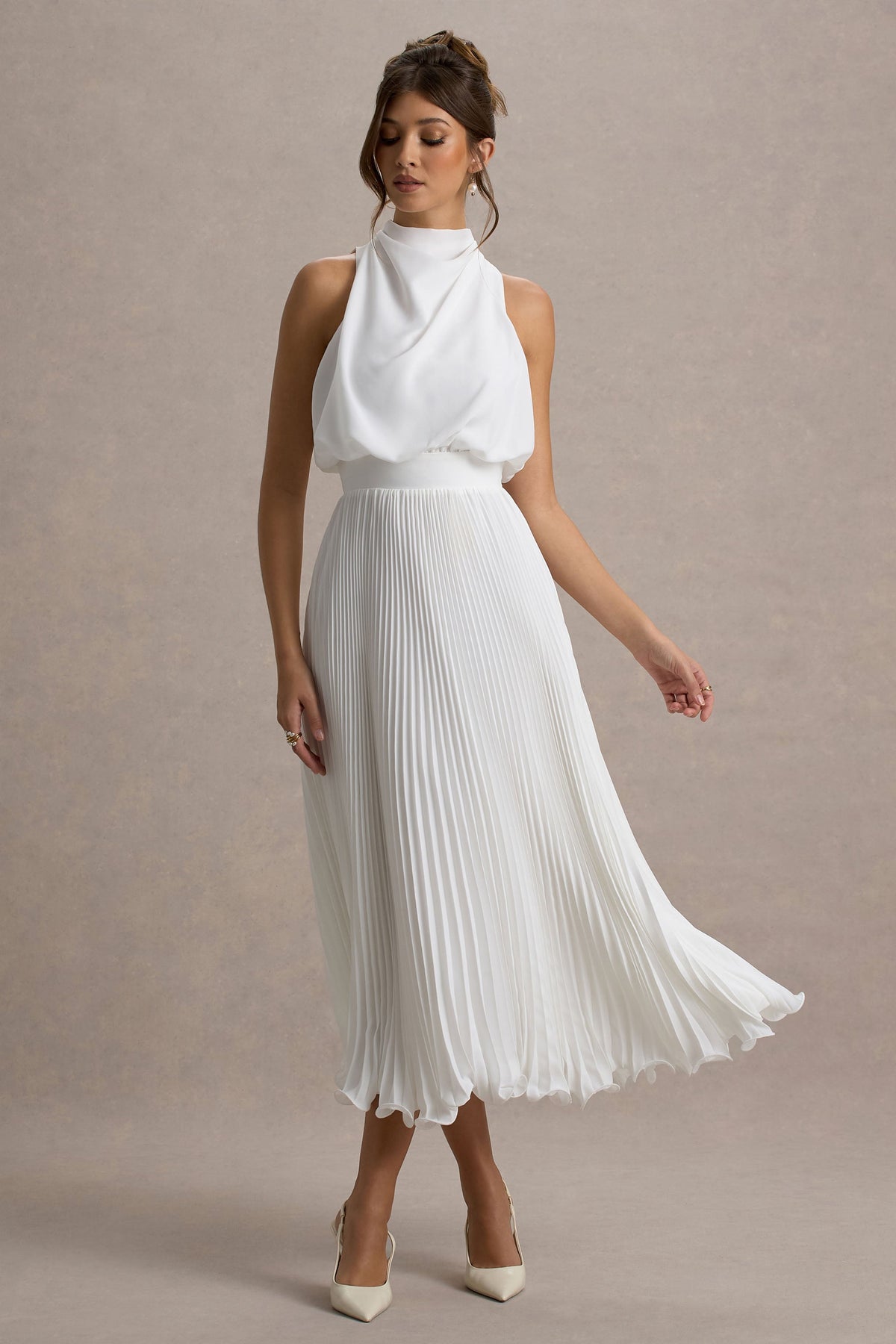 Nila | White Cowl-Neck Midi Dress With Plisse Skirt