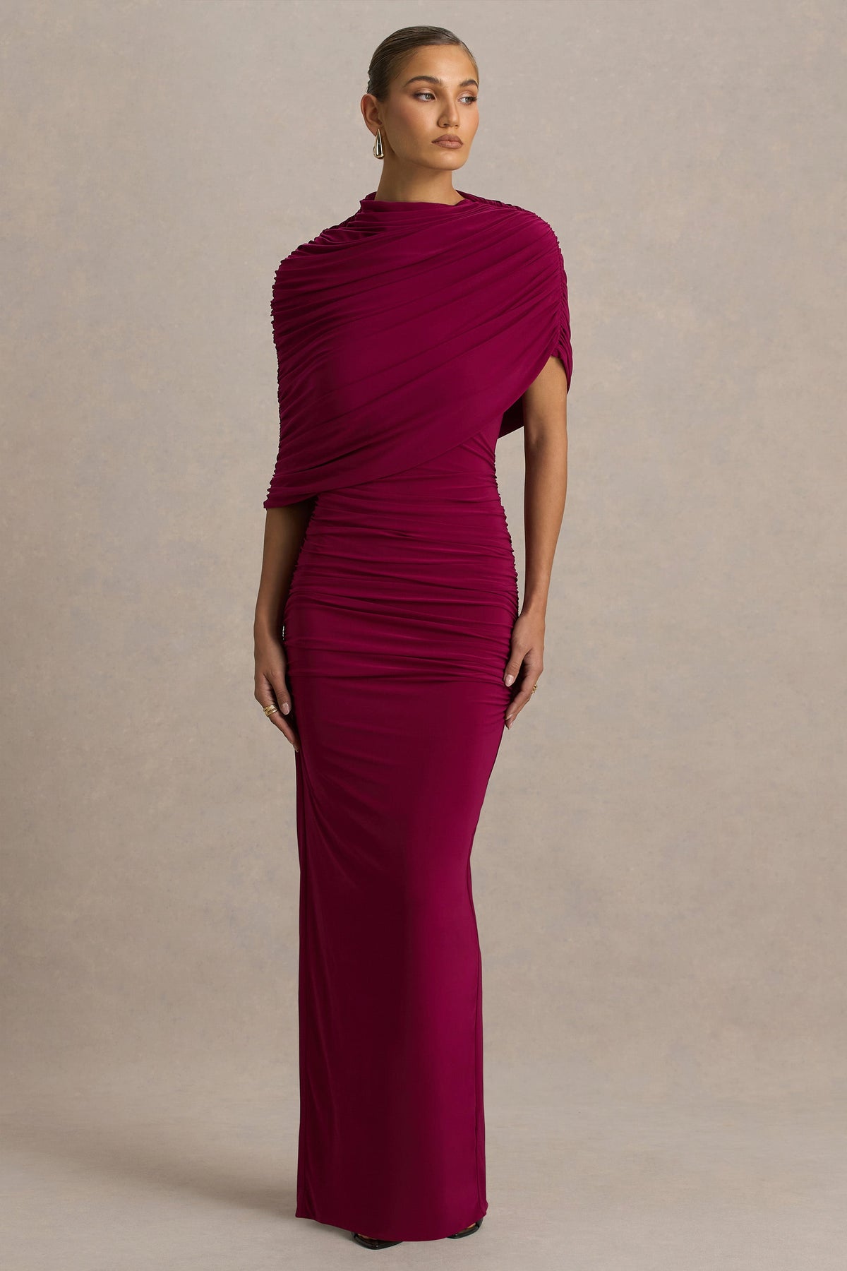 Glitz | Burgundy High-Neck Maxi Dress With Cape Sleeve and Ruched Detailing