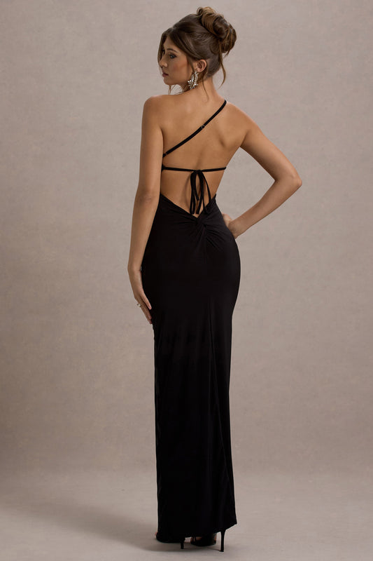 Dressing Up | Black Jersey One Shoulder Maxi Dress With Twist Open Back Detail And Split