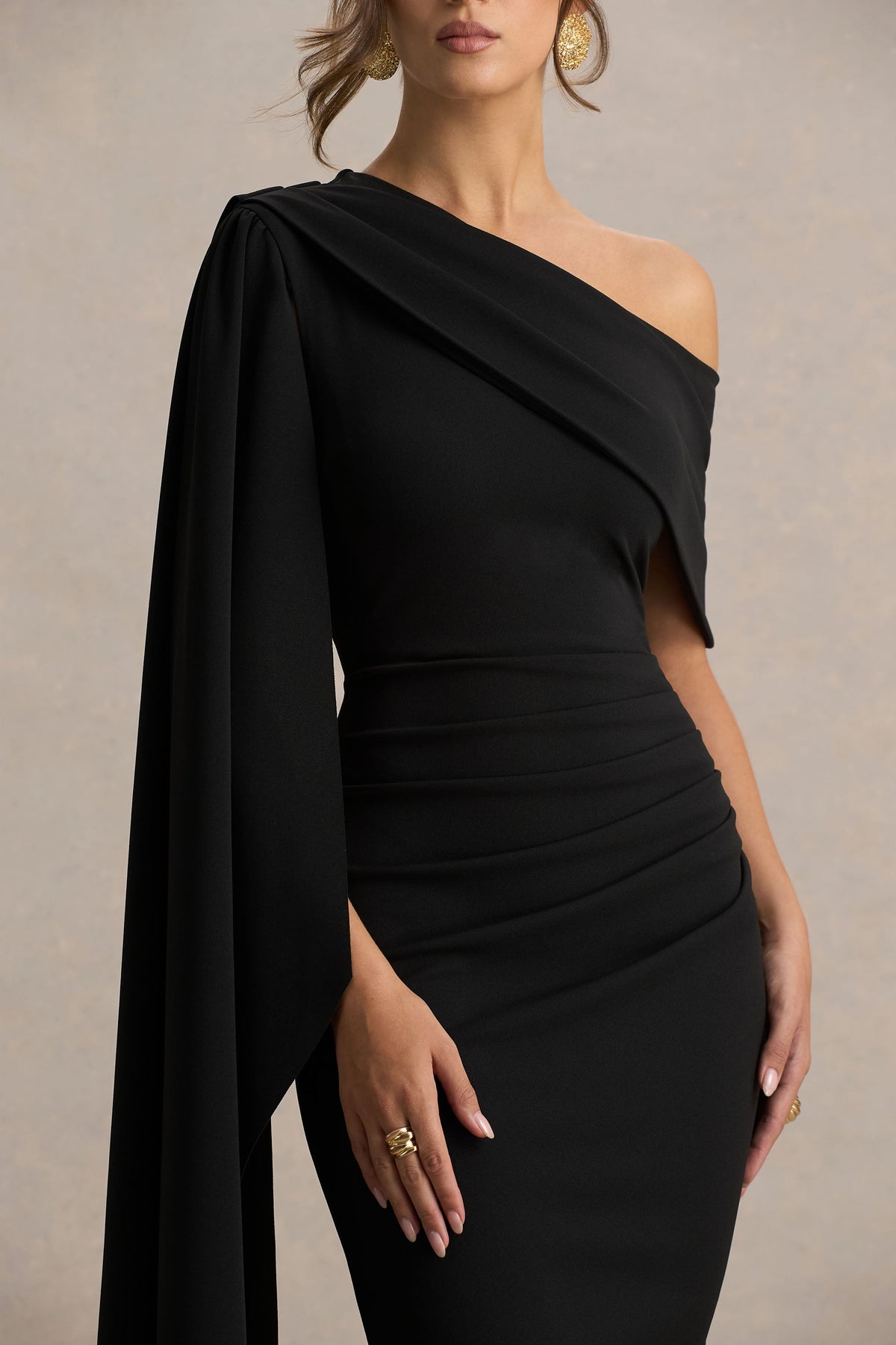 Leah | Black Asymmetric-Neck Midi Dress With Cape-Sleeve