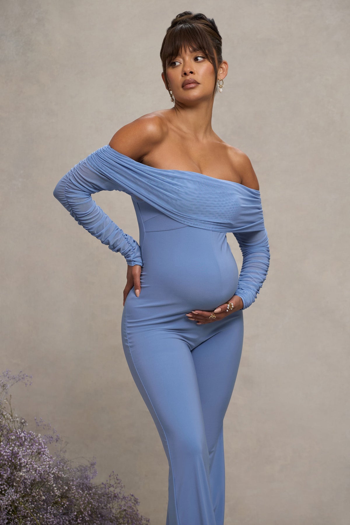 Count Down | Powder Blue Maternity Ruched Mesh Bardot Jumpsuit