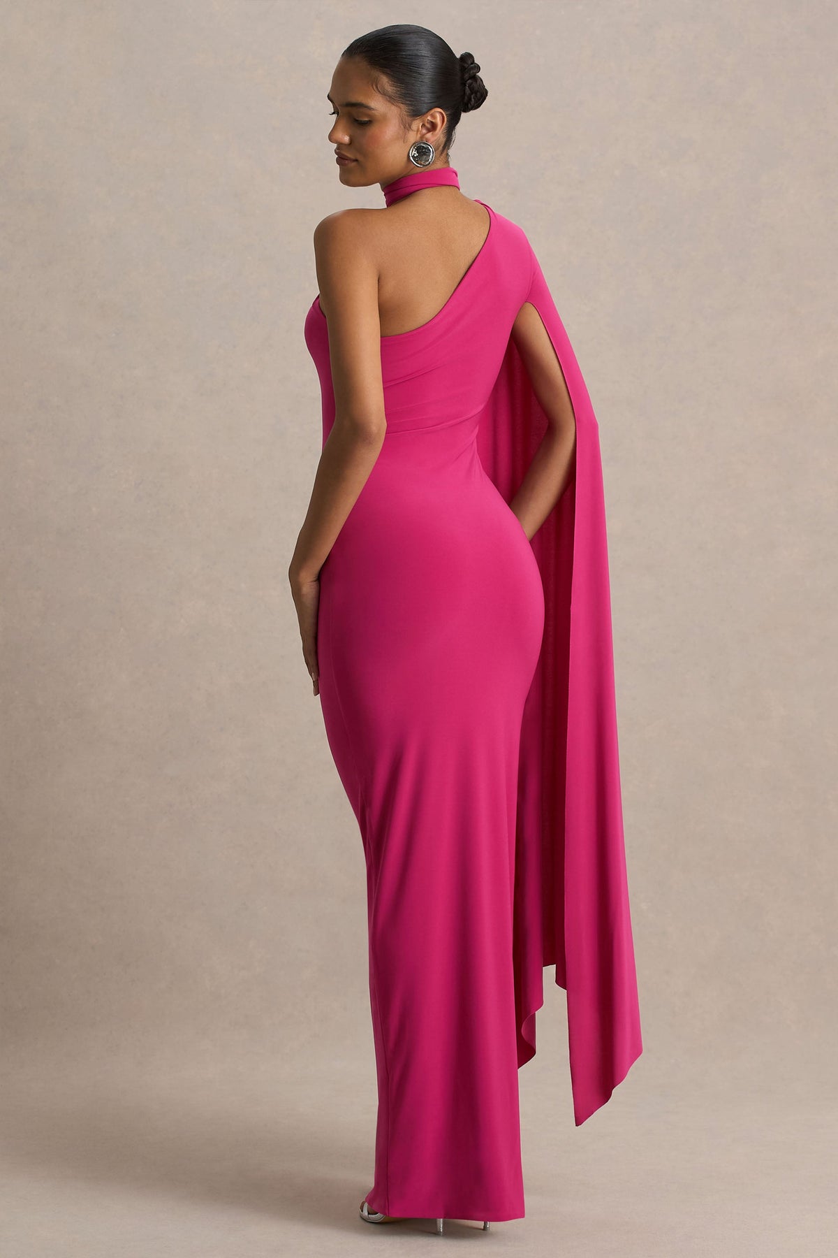 Amal | Hot Pink Asymmetric-Neck Maxi Dress With Scarf and Cape Detail