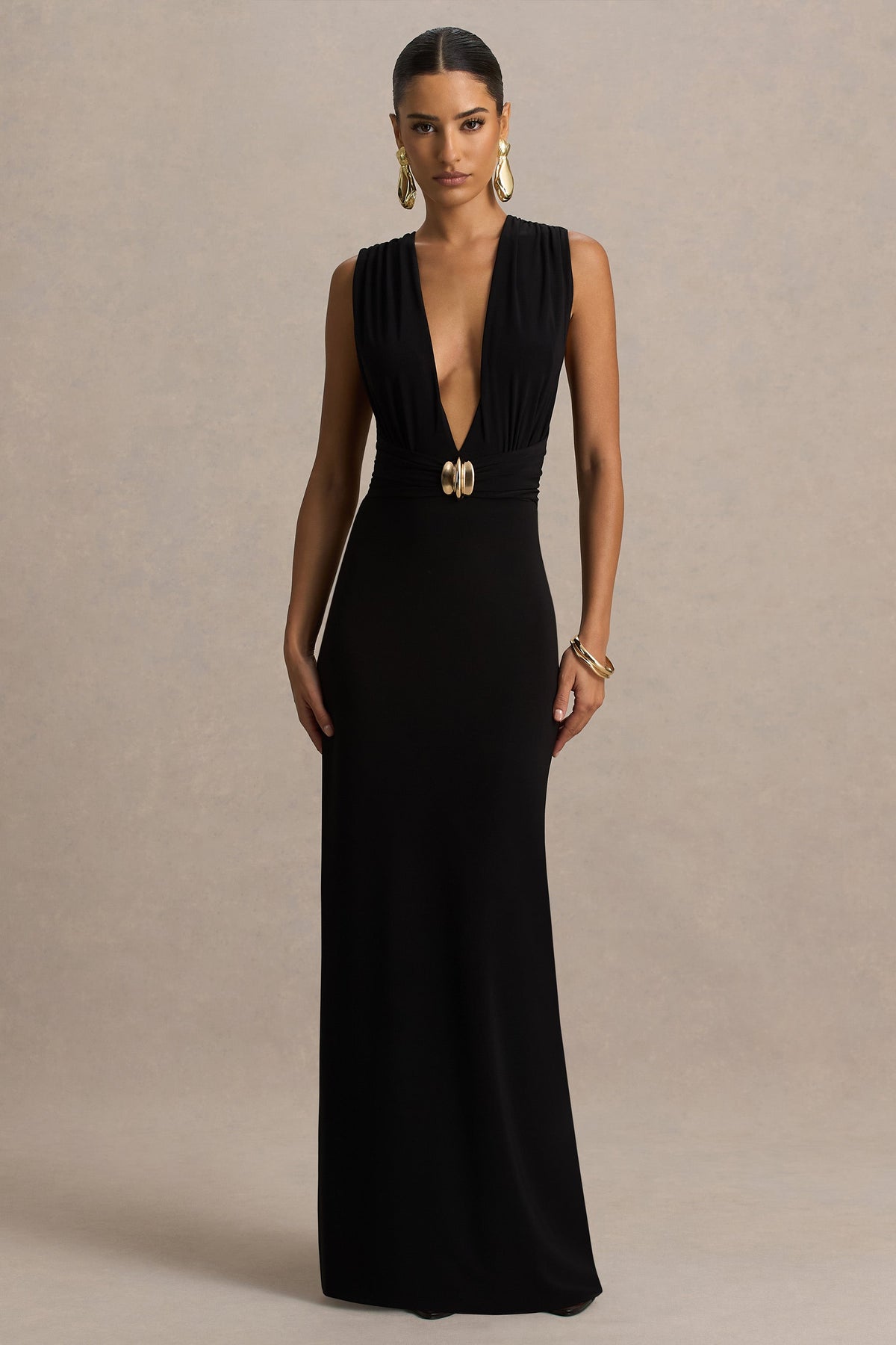 Alena | Black Extreme-Plunge Neck Maxi Dress With Gold Detail