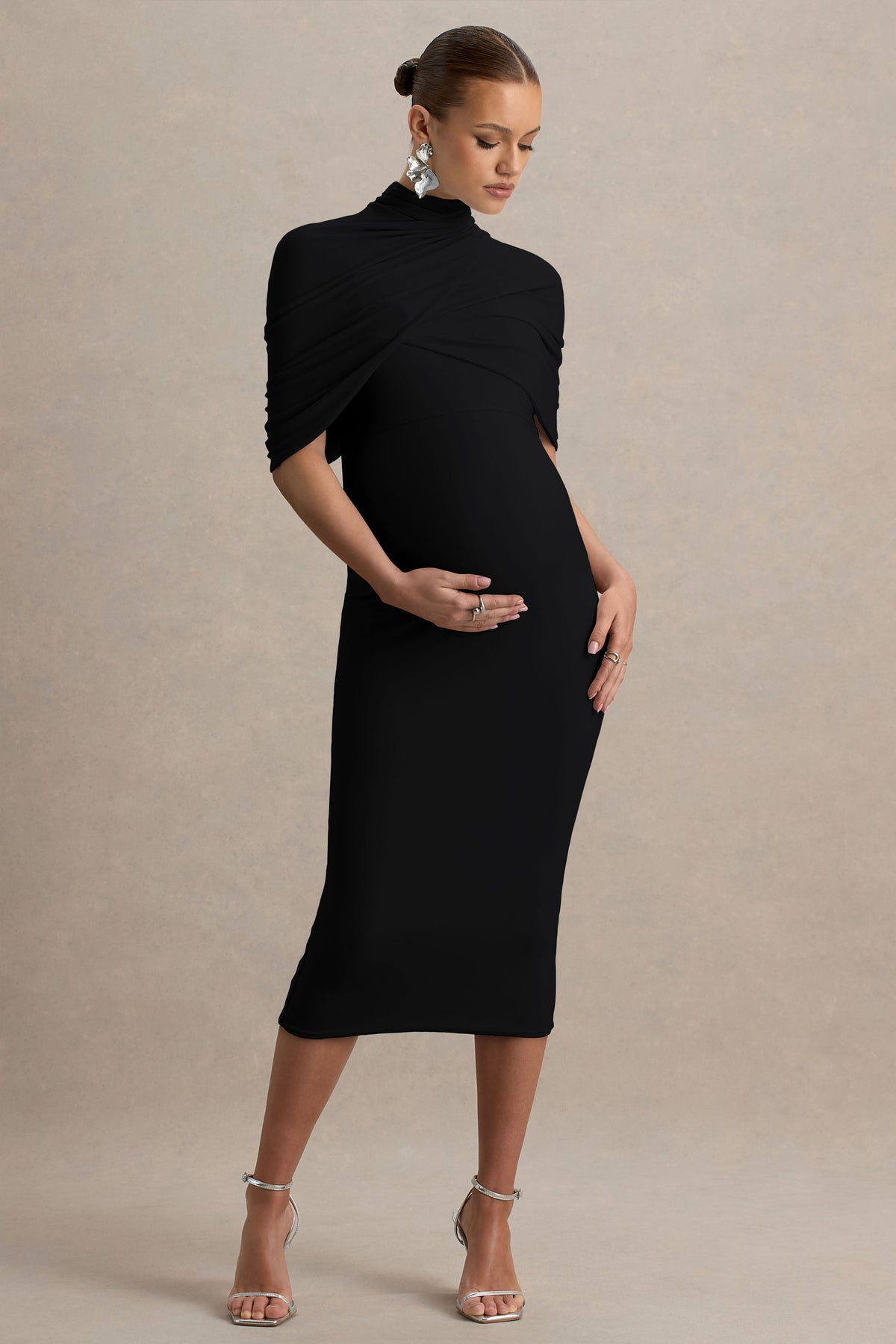 Augustina | Black Maternity Midi Dress With Cape