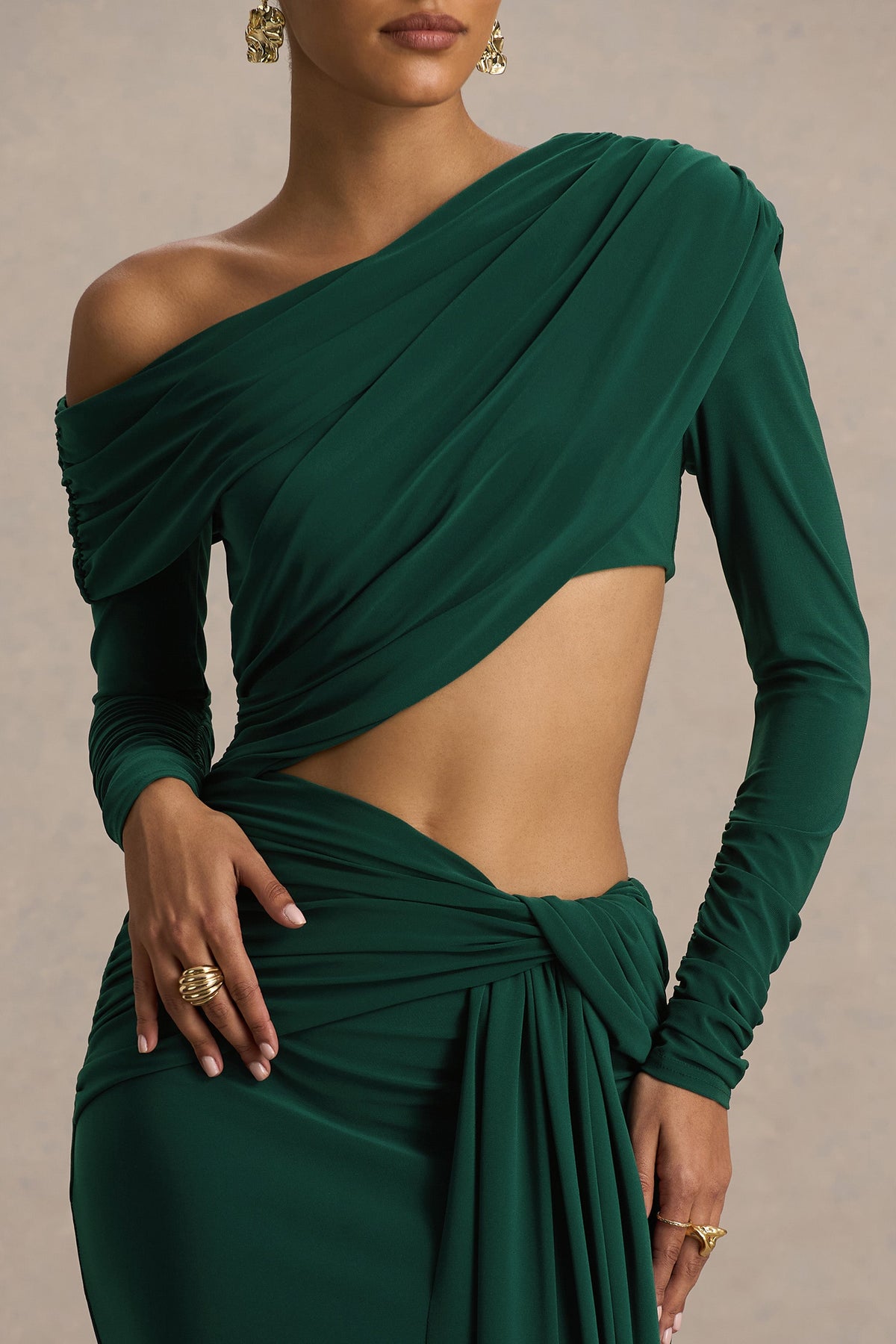 Mikayla | Dark Green Asymmetric-Neck Wrap Maxi Dress With Body Cut-Out And Ruched Detailing