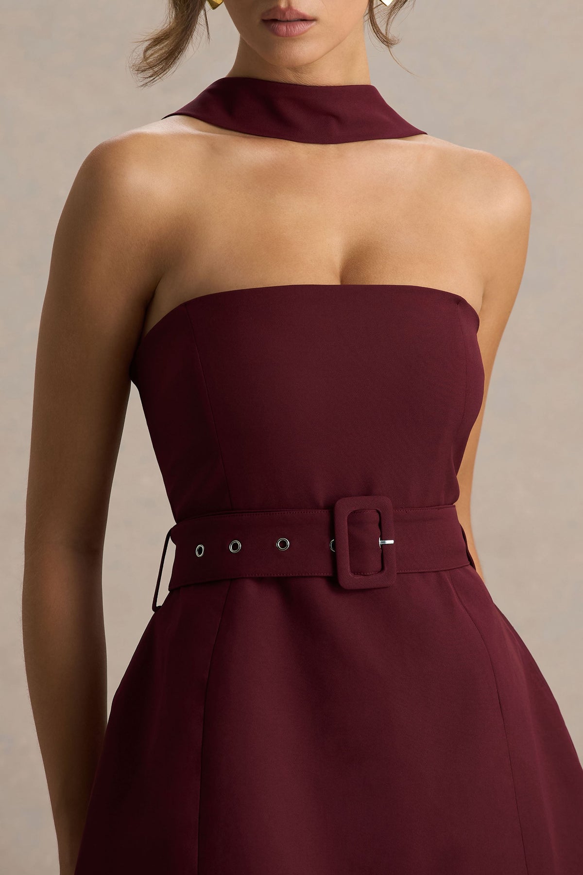 Timberly | Burgundy High-Neck Tailored Micro-Mini Dress