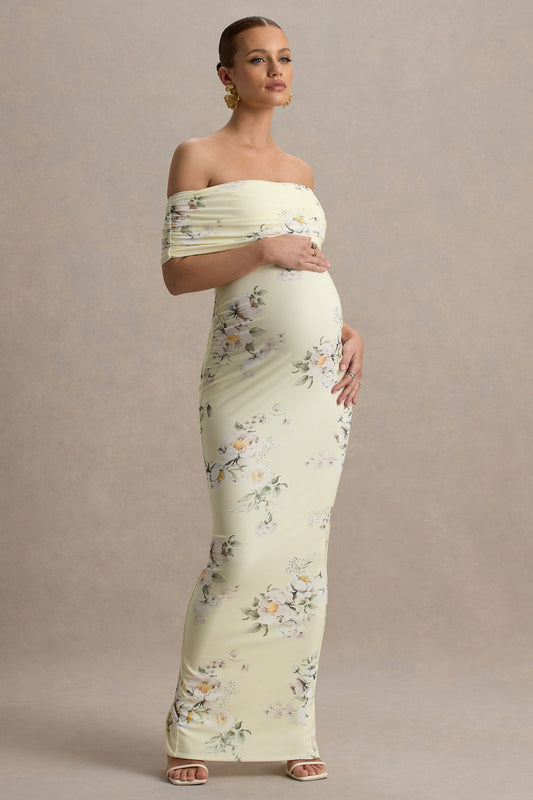 Cindy | Lemon Floral Bouquet Print Bardot-Neck Maternity Maxi Dress With Ruched Detail