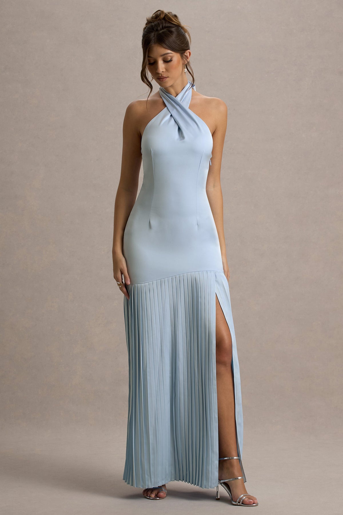 Sansa | Powder Blue Satin Cross Halter-Neck Plisse Maxi Dress