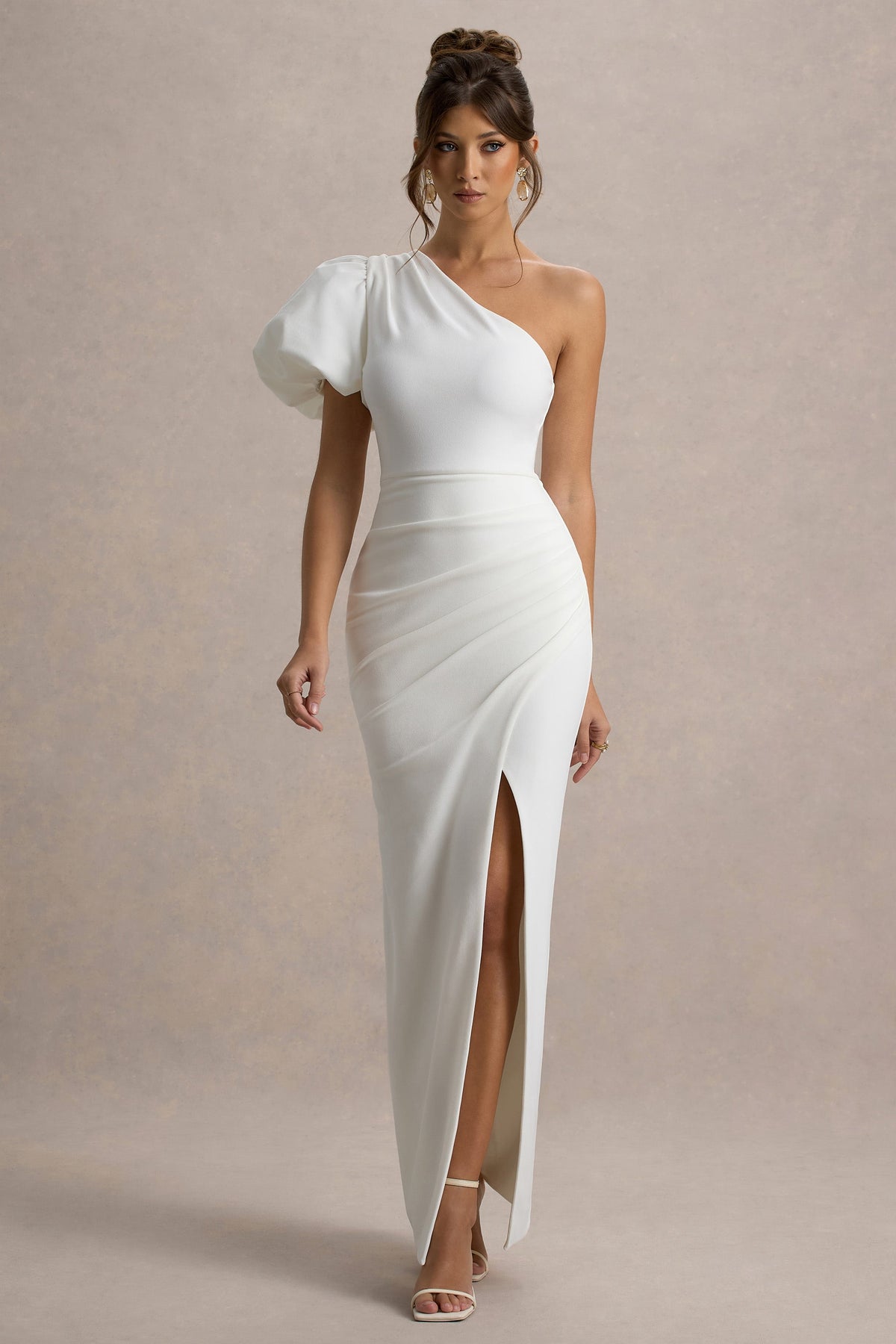 Vittoria | White Asymmetric Puff-Sleeve Split Maxi Dress