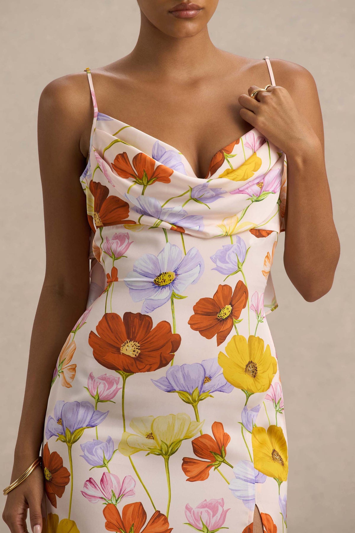 Thames | Bright Floral Print Satin Cowl-Neck Maxi Dress